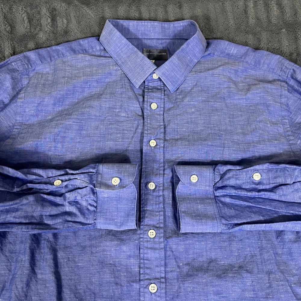 Harry Rosen Sartoria Mens Blue‎ 100% Linen Button Up Shirt Size M Made in Canada